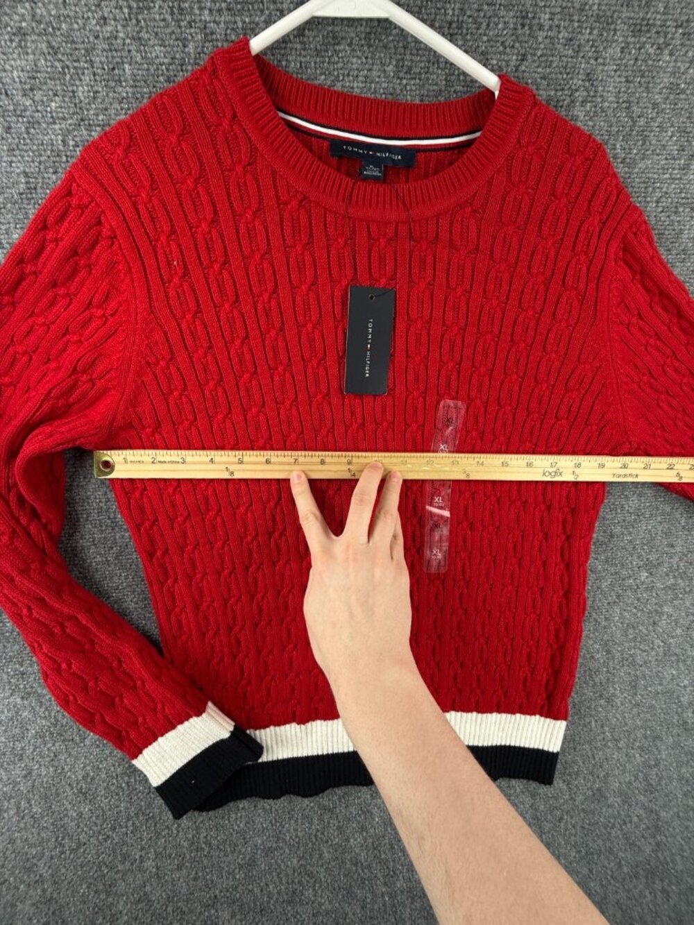 NWT Tommy Hilfiger Red Cable Knit Pullover Sweater $80 Women XL Preppy Blue Trim - Picture 6 of 13